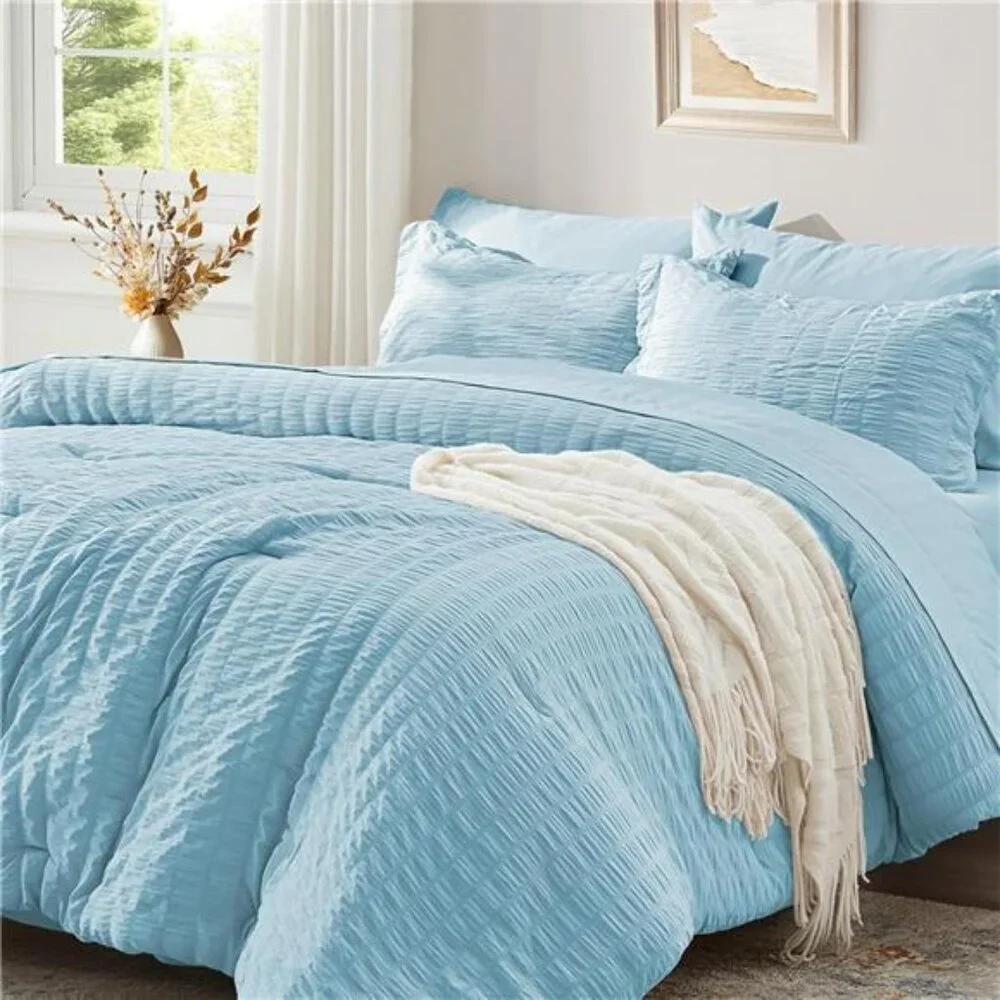 New Full Comforter Set 7 Pieces, Light Blue Seersucker Bed in a Bag